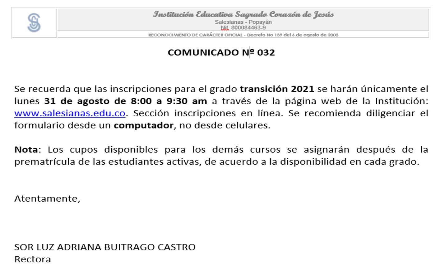 Comunicado Nº 032 Inscripciones transición 2021